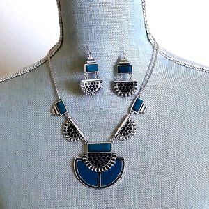 Women's Silver Necklace with Crystals Blues and Greens with Matching Earrings